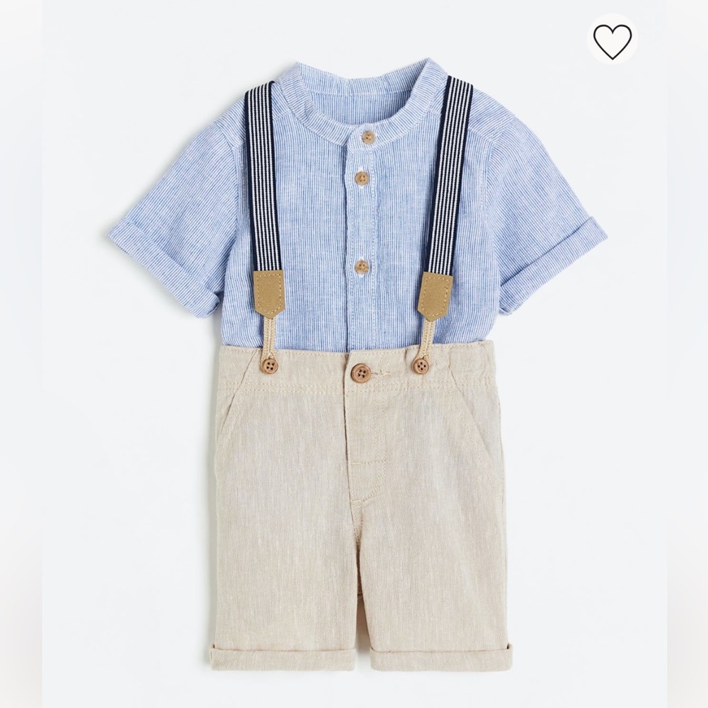 H&M baby boy 2 piece linen set with suspenders boys 12-18 months